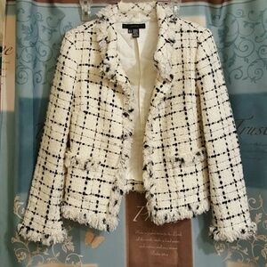 Zara Cream and Black Tweed Frayed Edge Blazer